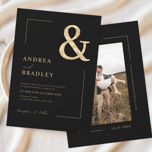 Gold Ampersand Black Geometric Photo Wedding Invitation