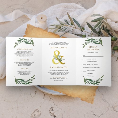 Gold Ampersand Olive Branch All in One Wedding Tri_Fold Invitation