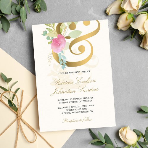 Gold ampersand pastel pink cream romantic wedding invitation