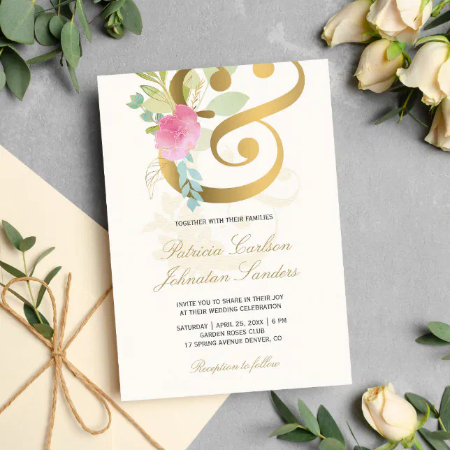 Gold Ampersand Pastel Pink Cream Romantic Wedding Invitation Zazzle 2542