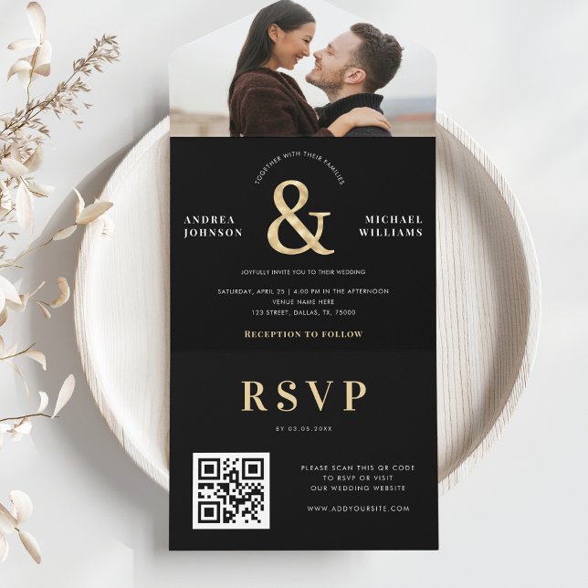 Gold Ampersand & Photo QR Code RSVP Wedding All In One Invitation (Creator Uploaded)