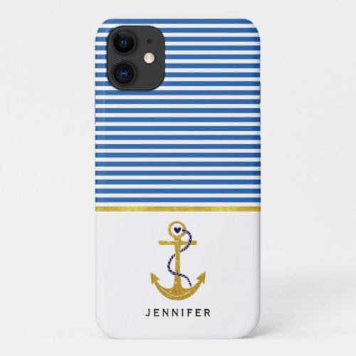 Gold anchor and blue white stripes nautical iPhone 11 case