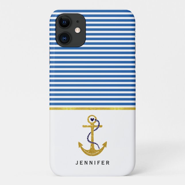 Gold anchor and blue, white stripes nautical Case-Mate iPhone case (Back)
