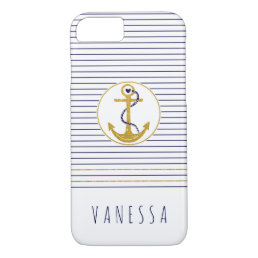 Gold anchor and navy blue stripes nautical iPhone 8/7 case