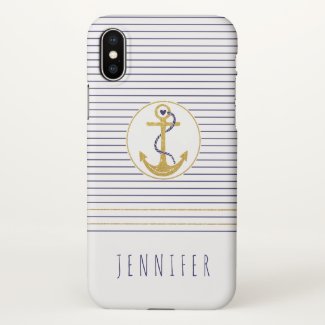 Gold anchor and navy blue stripes nautical