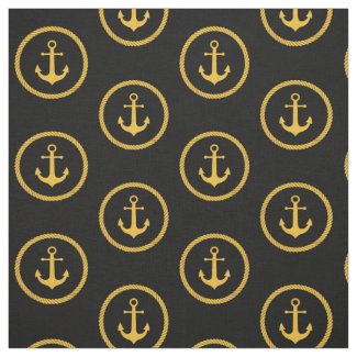 Gold Anchor and Rope Black Printed Fabric