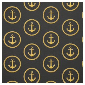 Gold Anchor and Rope Black Printed Fabric