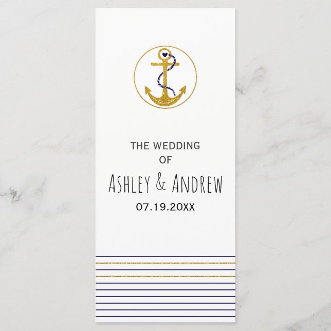 Gold anchor and stripes nautical wedding program (Front)