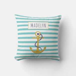 Gold anchor aqua striped pattern summer nautical throw pillow