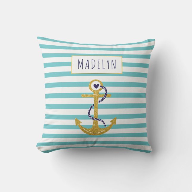 Gold anchor aqua striped pattern summer nautical throw pillow (Front)