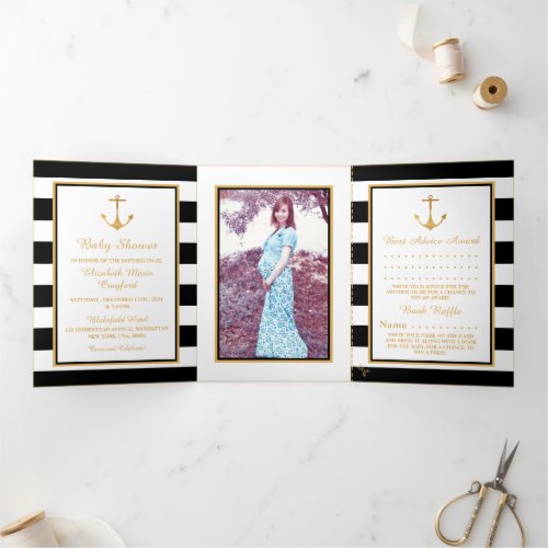 Gold Anchor Black White Stripe Baby Shower Suite Tri_Fold Invitation