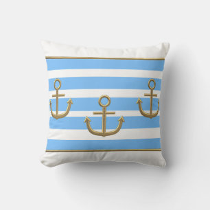 gold anchor blue white background throw pillow