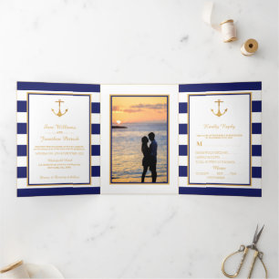 Gold Anchor, Blue & White Stripe Wedding Suite Tri-Fold Invitation