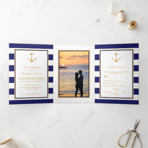 Gold Anchor Blue  White Stripe Wedding Suite Tri_Fold Invitation