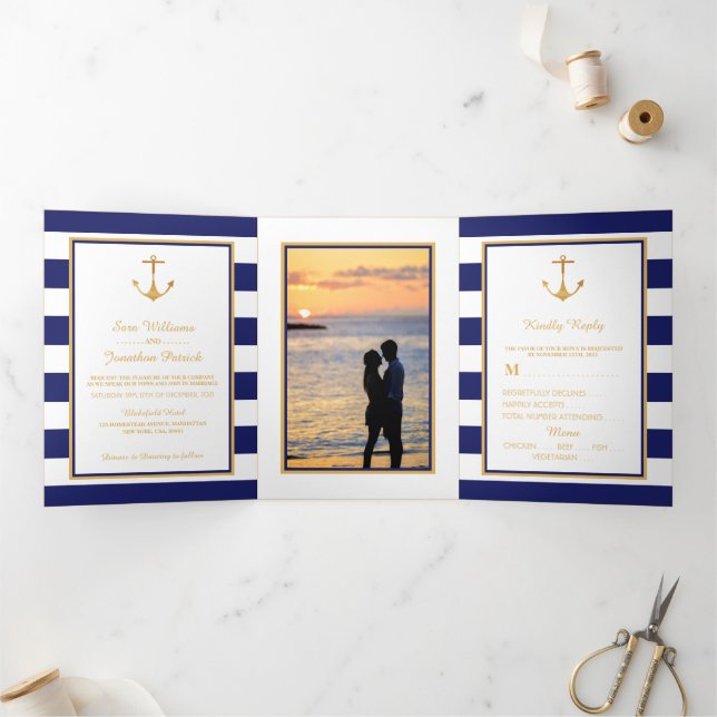 Gold Anchor, Blue & White Stripe Wedding Suite Tri-Fold Invitation (Inside)