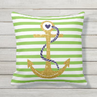 Gold anchor blush green, white stripes nautical throw pillow