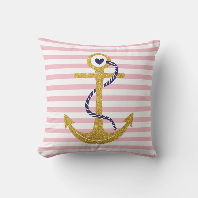Gold anchor blush pink, white stripes nautical outdoor pillow (Front)