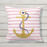 Gold anchor blush pink, white stripes nautical outdoor pillow
