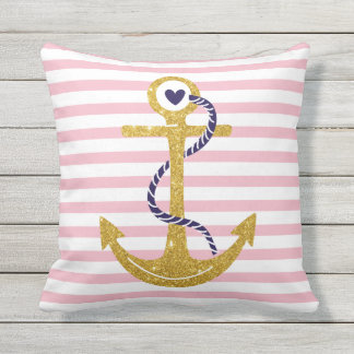 Gold anchor blush pink, white stripes nautical outdoor pillow