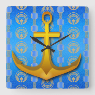 Gold Anchor Cerulean Blue Square Wall Clock