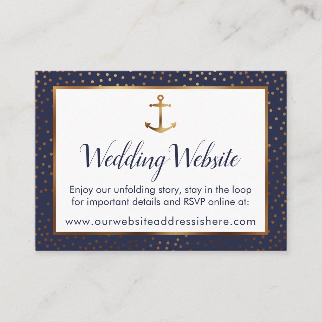 Gold Anchor Confetti on Navy Wedding Website Cards (Front)