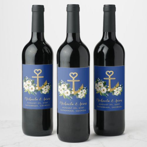 Gold Anchor Floral Nautical Wedding Wine Label