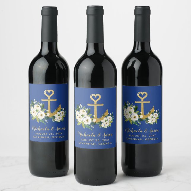 Gold Anchor Floral Nautical Wedding Wine Label (Bottles)