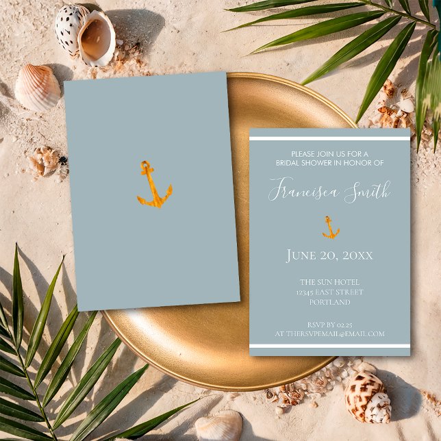 Gold Anchor Gray Nautical Bridal Shower Invitation (Creator Uploaded)