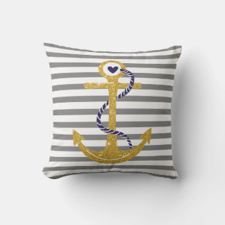 Gold anchor gray, white stripes nautical outdoor pillow