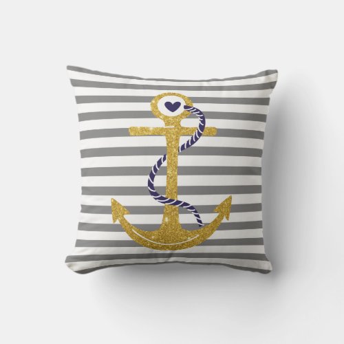 Gold anchor gray white stripes nautical outdoor pillow