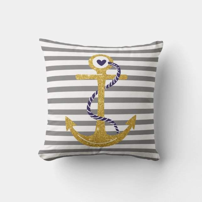 Gold anchor gray, white stripes nautical outdoor pillow (Front)