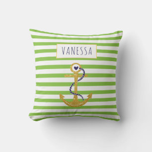 Gold anchor green striped pattern trendy nautical throw pillow