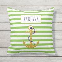 Gold  anchor green striped pattern trendy nautical throw pillow