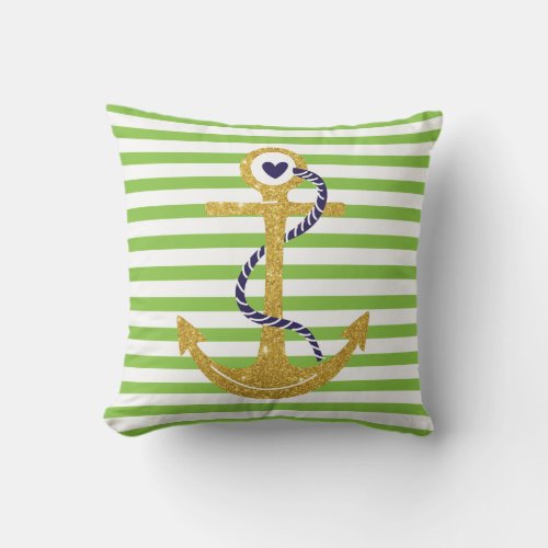 Gold anchor green white stripes nautical throw pillow