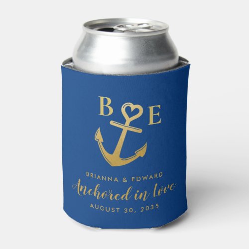 Gold Anchor Heart Romantic Blue Nautical Wedding Can Cooler