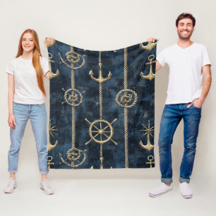 Gold Anchor & Helm Nautical Pattern Fleece Blanket