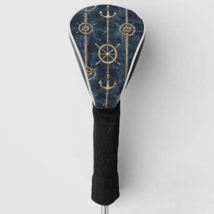 Gold Anchor & Helm Nautical Pattern Golf Head Cover