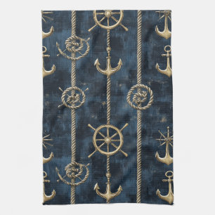 Gold Anchor & Helm Nautical Pattern Kitchen Towel