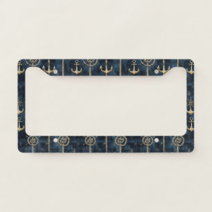 Gold Anchor & Helm Nautical Pattern License Plate Frame