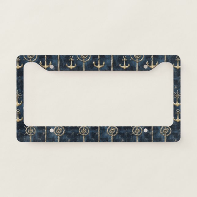 Gold Anchor & Helm Nautical Pattern License Plate Frame (Front)