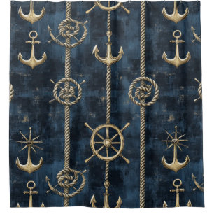 Gold Anchor & Helm Nautical Pattern Shower Curtain