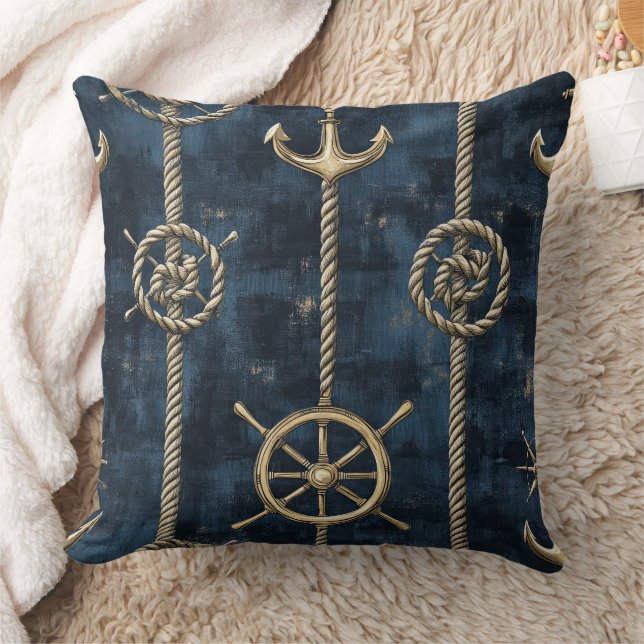 Gold Anchor & Helm Nautical Pattern Throw Pillow (Blanket)