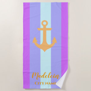 Gold Anchor Modern Nautical Stripes Custom Name Beach Towel