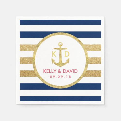 Gold Anchor Modern Stripes Nautical Wedding Napkins