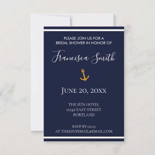 Gold Anchor Nautical Navy Blue Bridal Shower Invitation