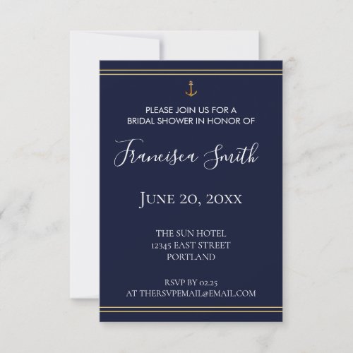 Gold Anchor Nautical Navy Blue Bridal Shower Invitation