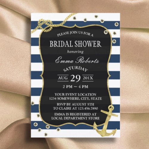 Gold Anchor Nautical Navy Stripes Bridal Shower Invitation