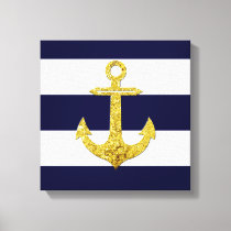 Gold anchor nautical stripes canvas print
