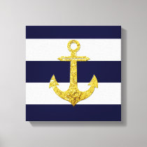 Gold anchor nautical stripes canvas print