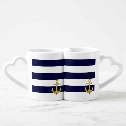 Gold anchor nautical stripes coffee mug set